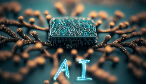 AI microchip with glowing circuitry connected to branching neural pathways, above the letters "AI"