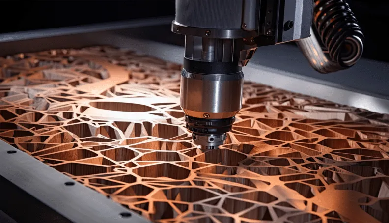 CNC milling spindle carving an intricate lattice pattern into a copper-toned panel