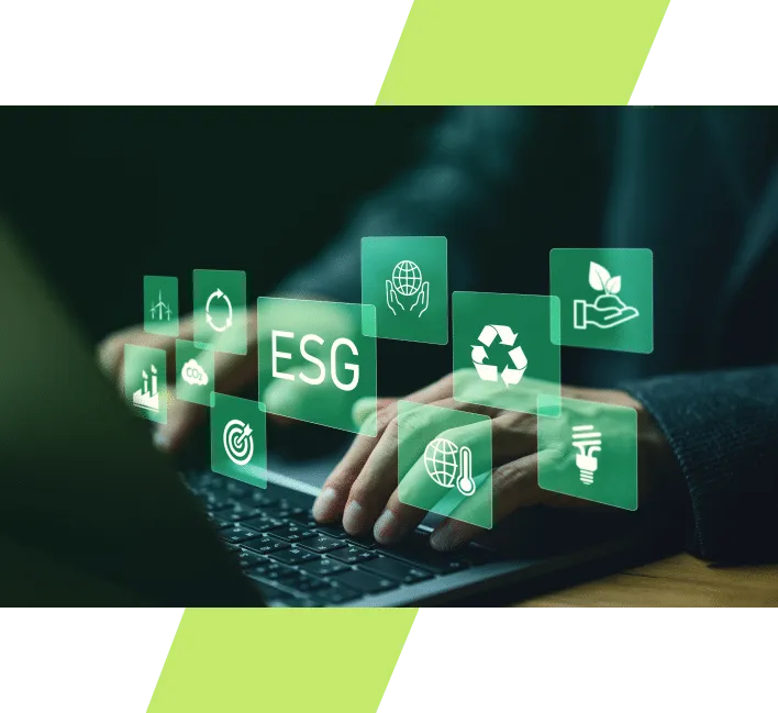 Hands typing on a laptop with ESG and sustainability icons floating above the keyboard
